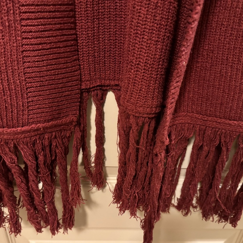 Mud Pie maroon knit, long, open sweater with fringed bottom. Size S/M. - Picture 3 of 4
